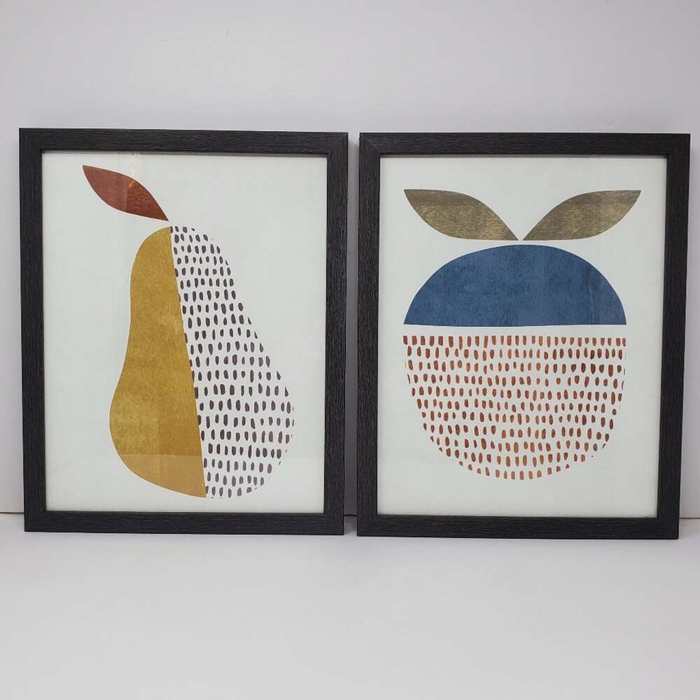 Melrose Set Of 2 Pear And Apple Prints With Grey plastic frames 14.25"x11 5"